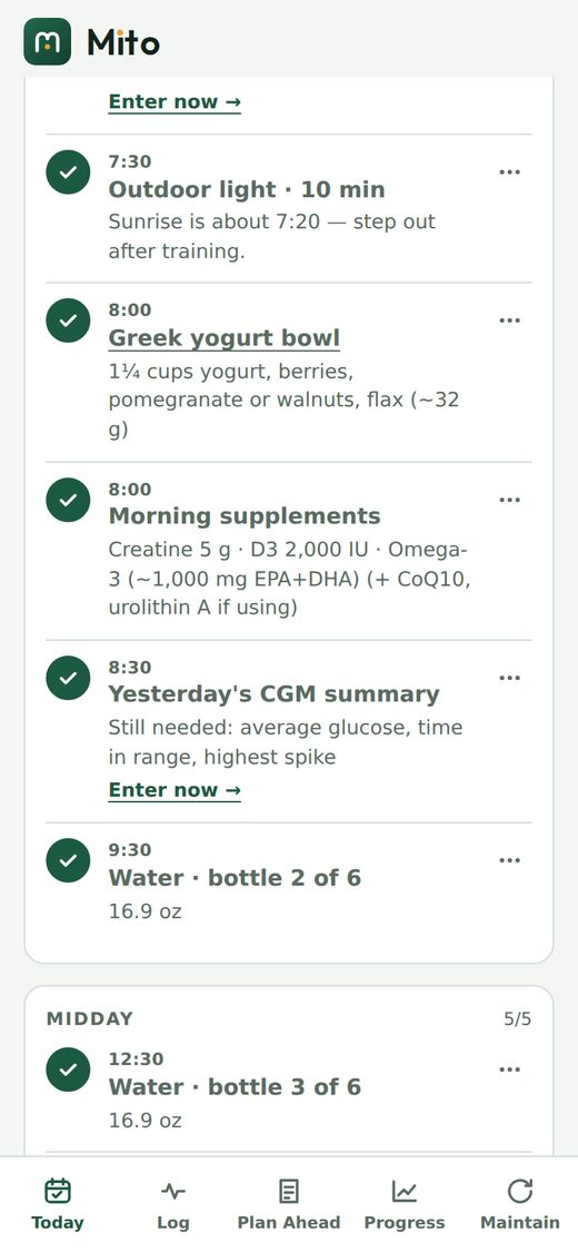 My Mito Reset daily plan showing completed tasks